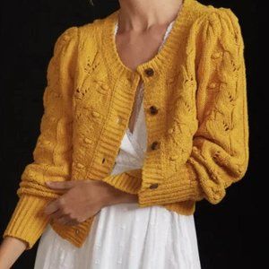 Anthropologie Maeve Cable-knit Puff Sleeve Cardigan Gold Size XS